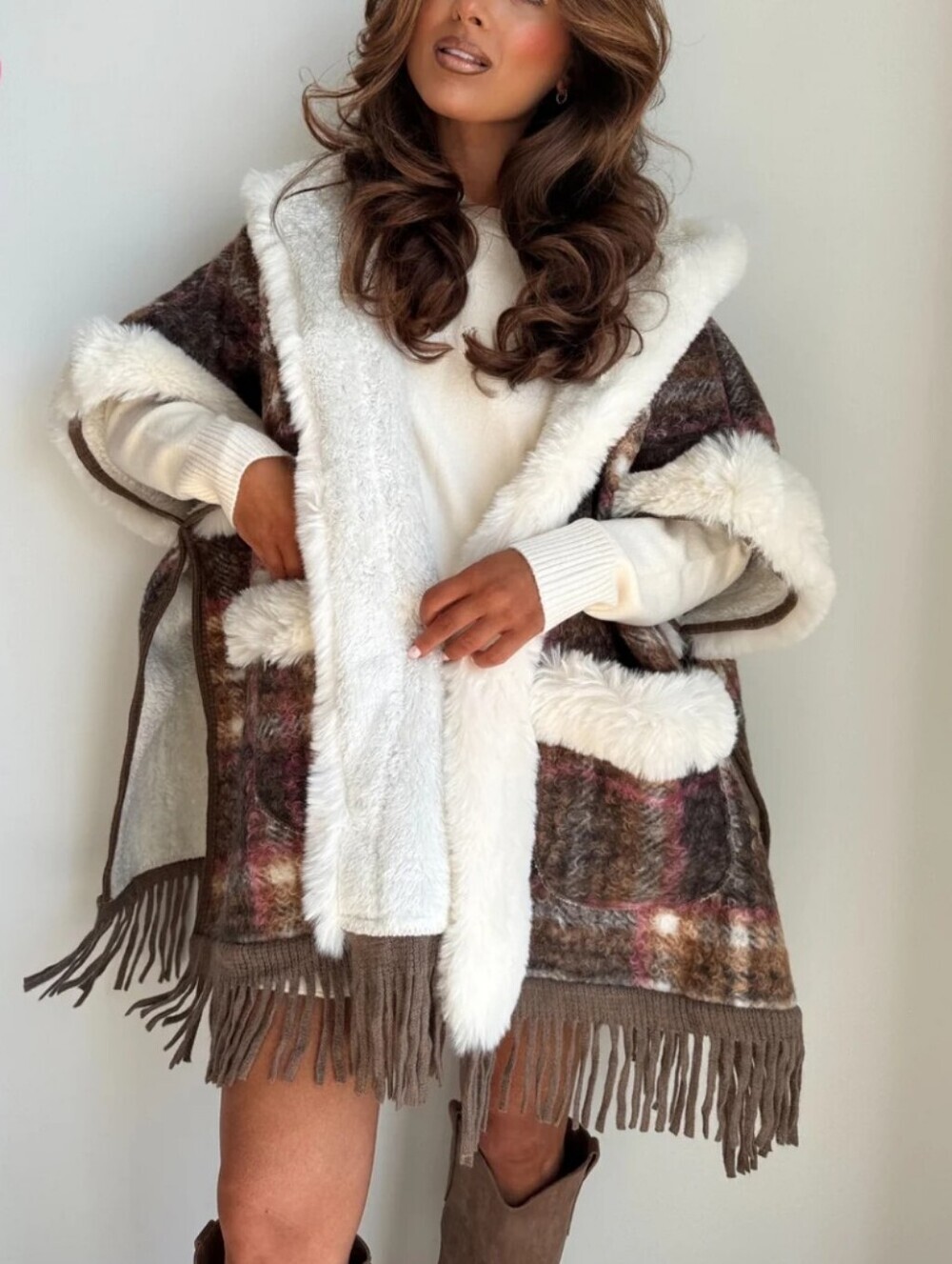 Klesis Plaid Fringe Faux Fur Hooded Poncho Multicolor Size O/S